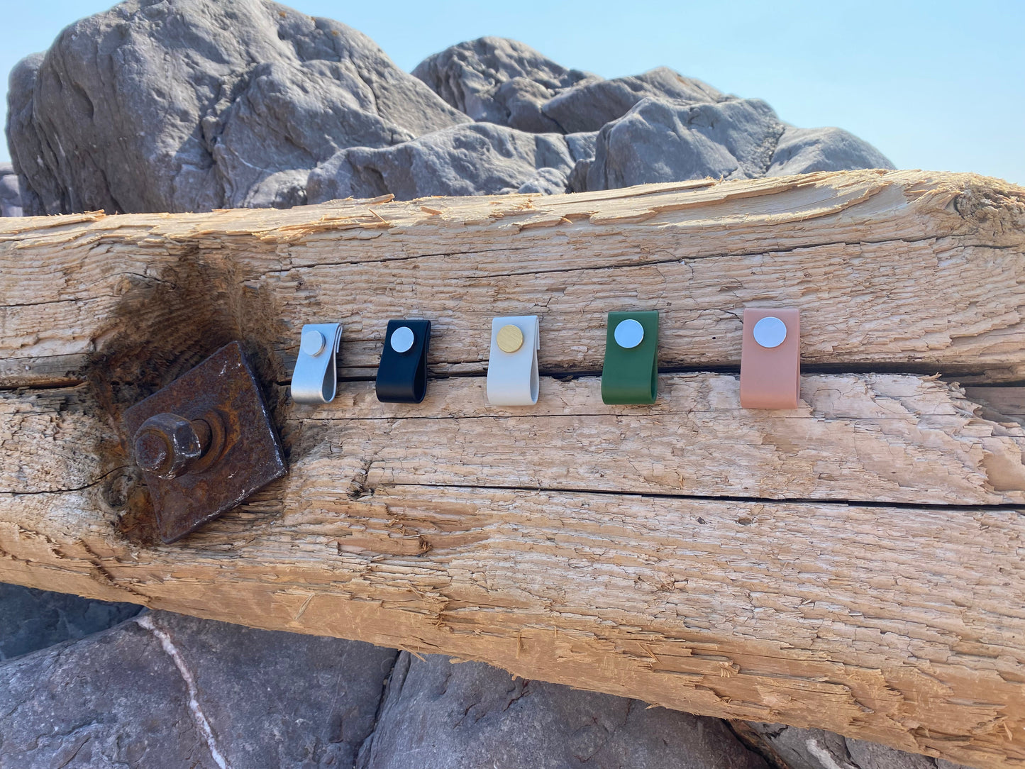 Cupboard door drawer pull, made with apple leather