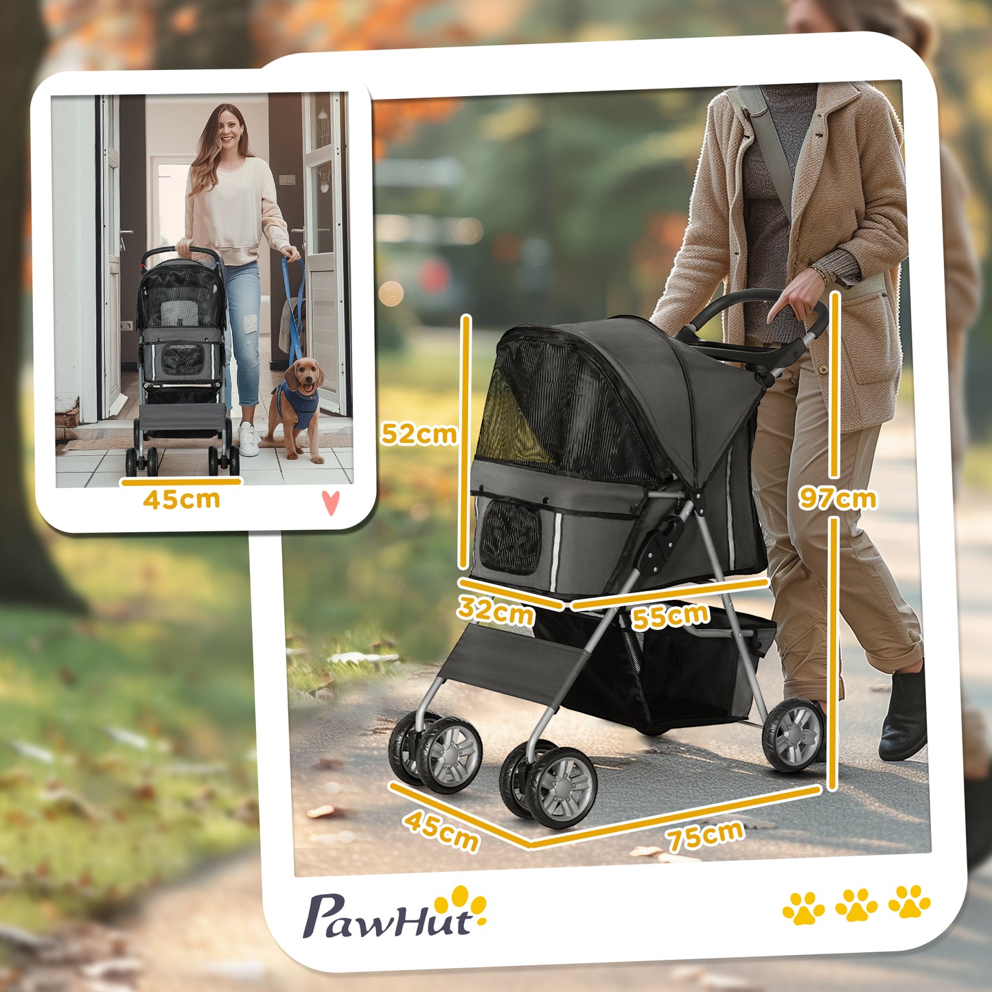 PawHut Foldable Pet Stroller for Small and Miniature Dog in Dark Grey